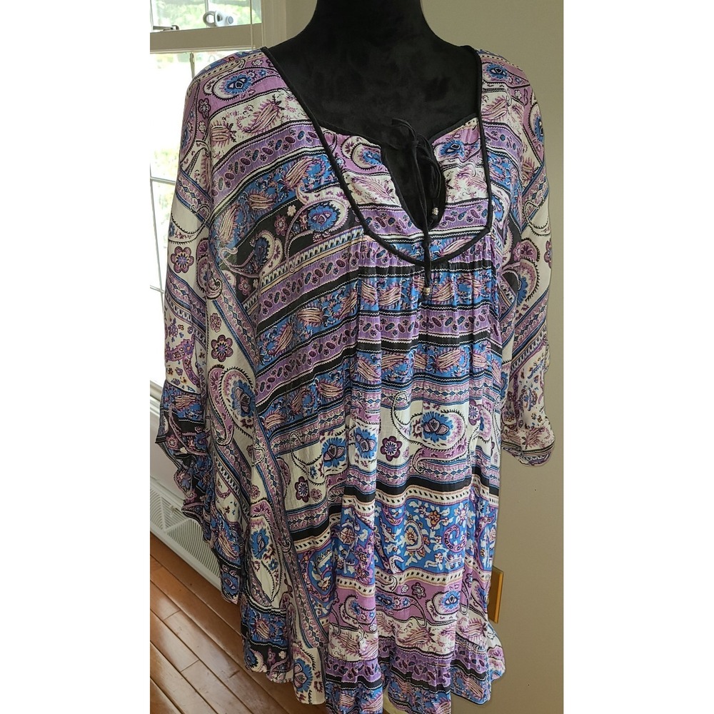 Analili Bohemian dolman sleeve tunic top blue and purple paisley floral Large - Picture 7 of 12